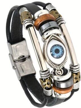Multi-Layer Beaded Retro Style Genuine Black PU Leather Bracelet, Wristband Evil
